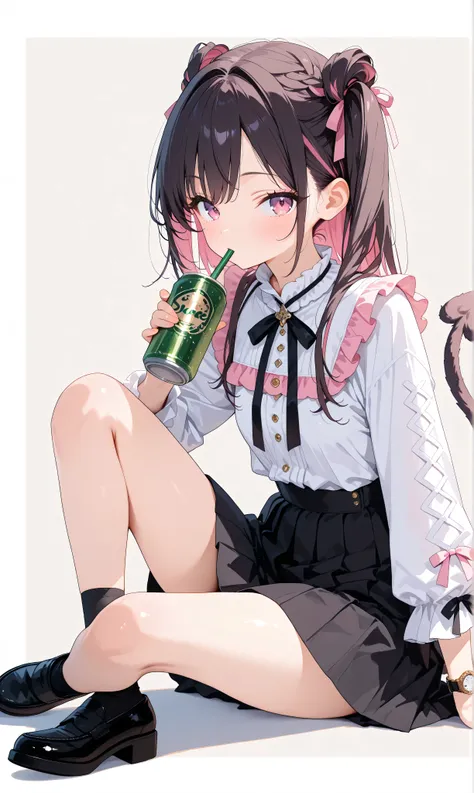 (watercolor: 0.5), ( pastel: 0.5),  in the seat,  dark hair with pinkish blurry highlights holding a drink can,   long twin tail ,  Sitting on the ground ,  soft brush ,  tilts her head,  pink ruffle blouse ,   Black Pleated Skirt  ,  ribbon accent with dr...