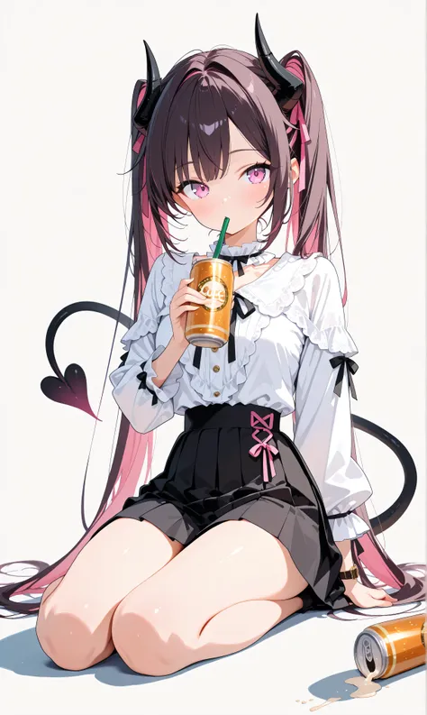 (watercolor: 0.5), ( pastel: 0.5),  in the seat,  dark hair with pinkish blurry highlights holding a drink can,   long twin tail ,  Sitting on the ground ,  soft brush ,  tilts her head,  pink ruffle blouse ,   Black Pleated Skirt  ,  ribbon accent with dr...