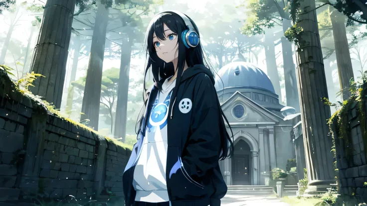  Ghibli style , cute girl, black semi-long hair,sexy blue eyes,  sexy face,  light blue hoodie,Casual attire, big clothes,80's style, blue headphones, blackish blue eyes 、 troubled face, alien world、 Magic Circle Under Your Feet 、A magnificent church、 in t...