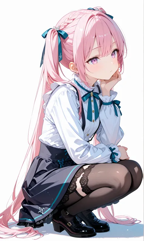 (watercolor:0.4), ( pastel color :0.6),  1 girl,  jet black with subtle pinkish highlights ,  long flowing twin tails tied with ribbons ,  crouching in a relaxed position , Warm flushing cheeks ,  slanted head slightly to the side ,  expressed with a paste...