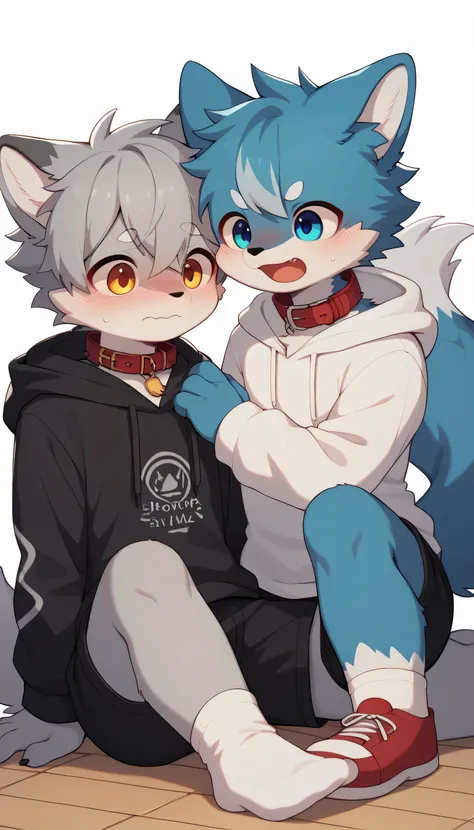   in great detail having fun in great detail,gray hair and gray fur , blue fur ,blue wolf, shemono,Age 15,Participation, red collar on the floor,  cute face,  fluffy fur ,The three cute furries dance ！Horny boy , white background ,  embarrassed face,cute g...