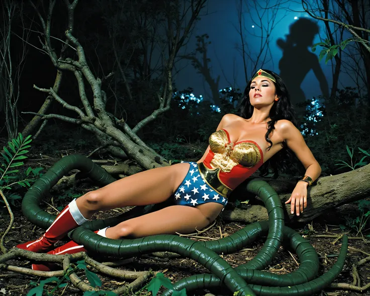  Wonder Woman lies on the evil cult altar in 1920，Upper body photos,  with eyes closed ，unconscious ､ lay on the ground due to transformation､ lying on back ､,  Wonder Woman revealing her  , 20 year old model， unconscious ,  growing everywhere ,A large num...