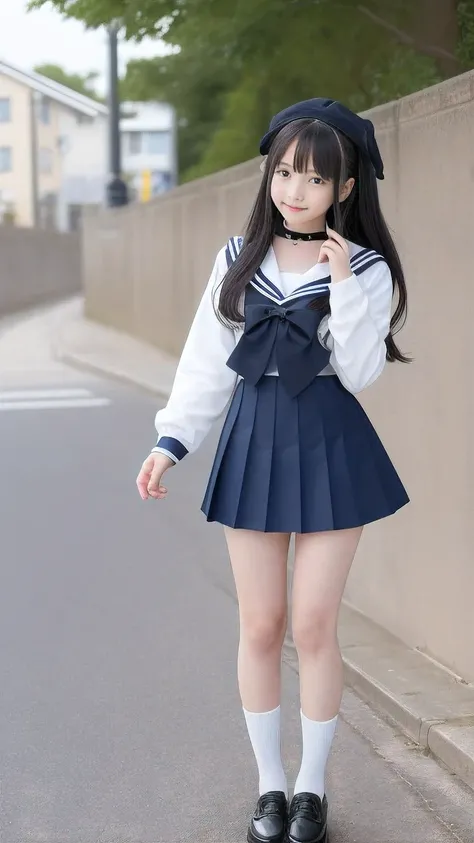  top quality、 natural depiction、 Hi-Res、  Details、delicate、Very high degree of perfection 、 beautiful,Girls are in middle school１Grade、 black hair、cute girl eyes、Best proportions、 small breasts、Looks like Daidouji Tomoyo、 wearing a sailor suit in a miniski...