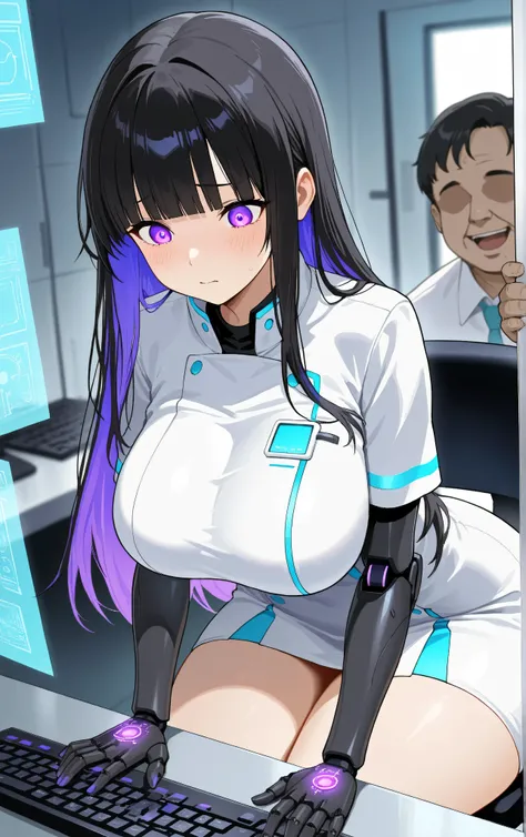 masterpiece, best quality, amazing quality, very aesthetic, 1girl, big breasts, wide hips, black hair styled into loose waves with blunt bangs partially covering her glowing purple eyes reflecting the light from multiple holographic screens, wearing a futu...