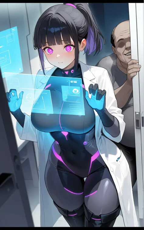 masterpiece, best quality, amazing quality, very aesthetic, 1girl, big breasts, wide hips, black hair tied into a sleek ponytail, blunt bangs framing her glowing purple eyes with a cold and analytical gaze, wearing a white lab coat over a dark gray bodysui...