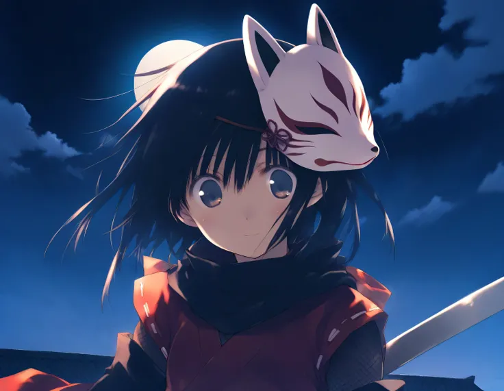 1girl, little female, ninja, beautiful detailed eyes, fox mask, mask on head,night, moon, cloud,  rooftop, wind,girl focus,game CG, break,(artist:mitsumi_misato),artist:fujiyama,artist:kokonoka,  break,(masterpiece), (best quality), (ultra-detailed),(Detai...