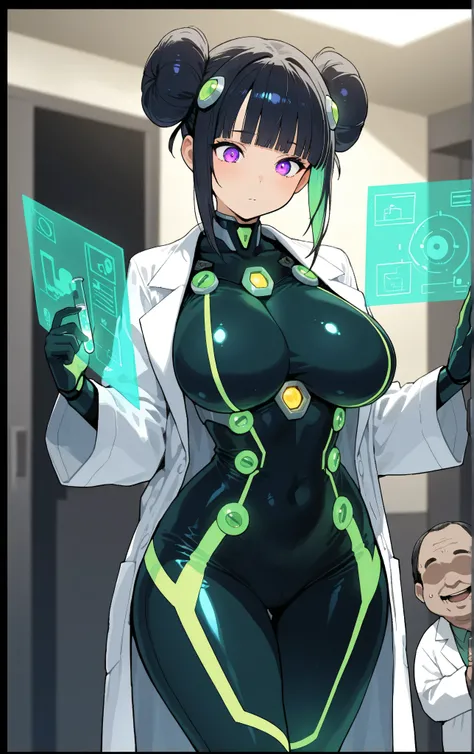 masterpiece, best quality, amazing quality, very aesthetic, 1girl, big breasts, wide hips, black hair styled into a neat bun with blunt bangs framing her glowing purple eyes filled with focus, wearing a white lab coat over a futuristic bodysuit with glowin...