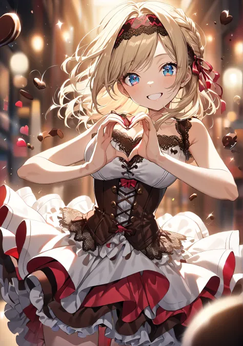 1 girl, Game CG, 
shallow depth of field, a portrait with a soft Gaussian blurred background, creating a dreamy atmosphere, focus on face, side shot, 
dancing, dynamic pose, heart hands, happy smile, looking viewer,

(blond Hair, french braid, Right-side p...