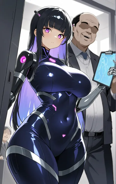 masterpiece, best quality, amazing quality, very aesthetic, 1girl, big breasts, wide hips, black hair flowing freely with blunt bangs framing her glowing purple eyes filled with determination, wearing a futuristic lab suit with metallic accents and robotic...