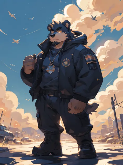 (masterpiece:1.2), best quality,pixiv,official art,perfect anatomy, (Ray tracing, light),solo, (1_male:1.3) , (muscle), (grey fur:1.4), (muscle bear), (beard:1.2), (gleaming golden eyes), bear tail, full body, Thick black eyebrows, bomber jacket,sweater in...