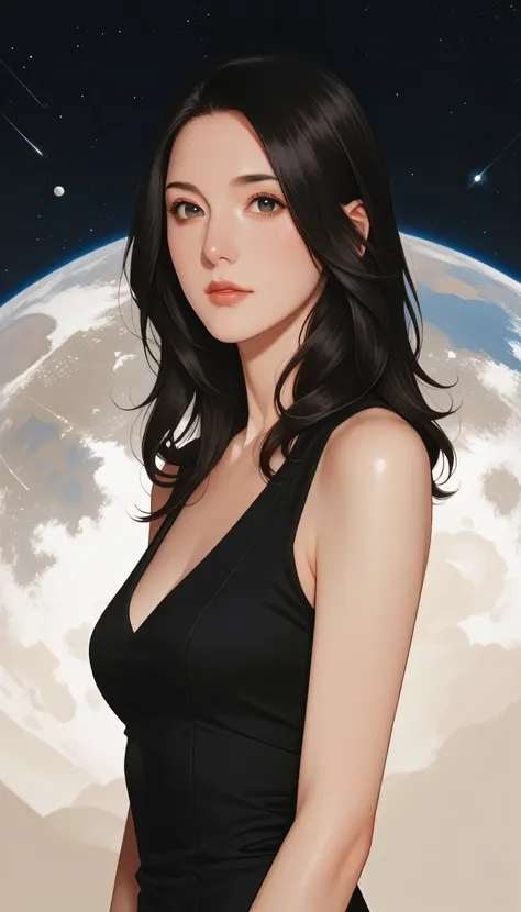   1 female,  medium long hair ,   black hair,  Chest, black eyes,   simple background/ Background ,   Vertical style   , Lots of white space,  Illustration of ,  black dress 