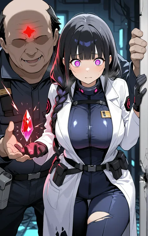 masterpiece, best quality, amazing quality, very aesthetic, 1girl, big breasts, wide hips, black hair, long hair tied into a loose braid, blunt bangs slightly covering her glowing purple eyes, wearing a torn and slightly burned lab coat over a dark jumpsui...