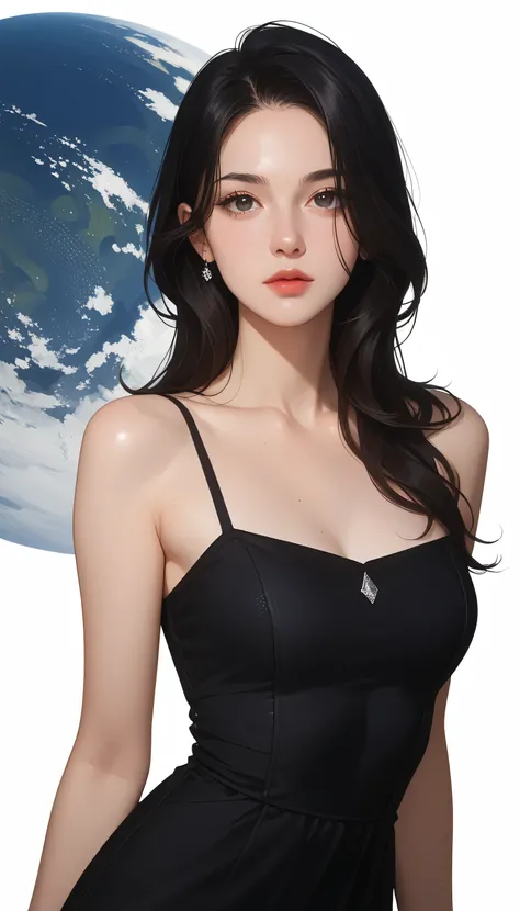   1 female,  medium long hair ,   black hair,  Chest, black eyes,   simple background/ Background ,   Vertical style   , Lots of white space,  Illustration of ,  black dress 