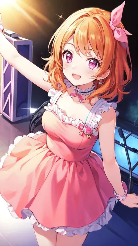 Akari Ozora， orange hair， medium hair seen from above， big eyes， pink eye， high quality model， top quality， high detail ， Masterpiece， Hi-Res，A girl singing at a live venue，