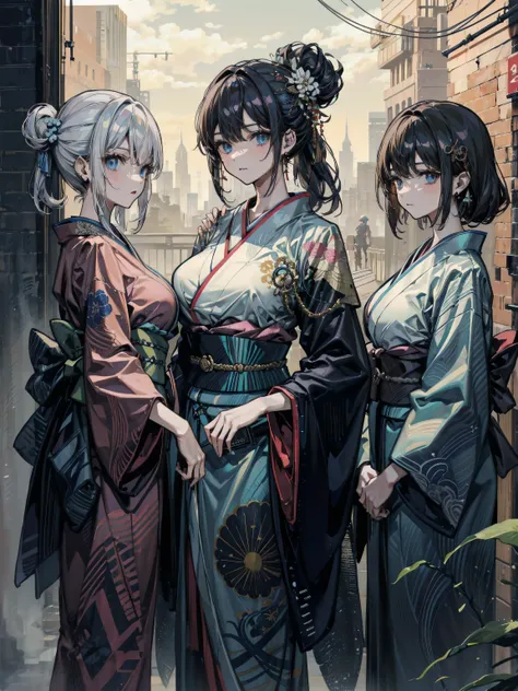 (cowboy shot:1.2), looking at viewer, earring, huge breasts, medium hair, half updo, hair ornament, black hair, (3girls:1.2), yuri, black kimono, battle,