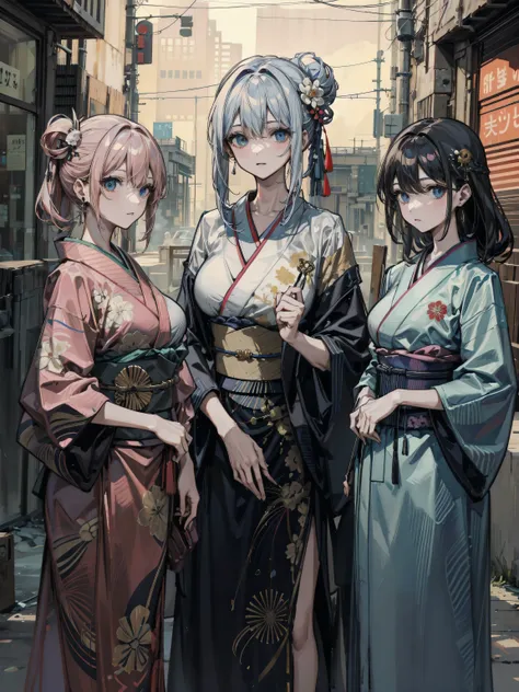 (cowboy shot:1.2), looking at viewer, earring, huge breasts, medium hair, half updo, hair ornament, black hair, (3girls:1.2), yuri, black kimono, battle,