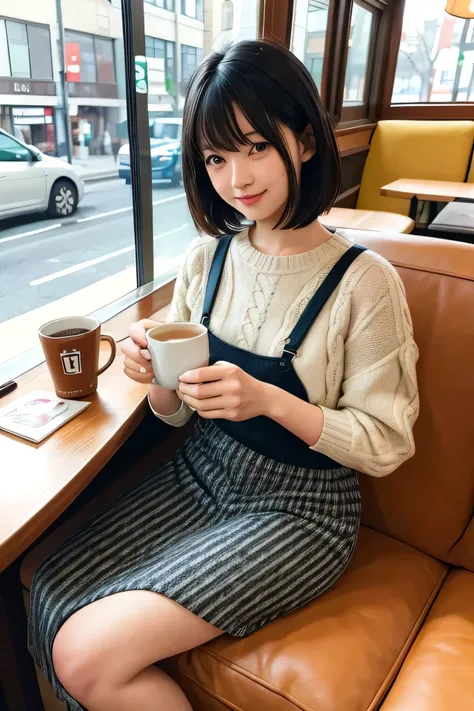 (High Definition), One Lady, Japan Person, 24old, Cute, Black Hair Short, wearing Cable Knit, Cross Check Long Skirt Trad Style For Female, Sitting on Sofa, Glance, Leaning some cushions, By window, At DownTown Cafe, A Cup of Hot Coffee & Some Books on a T...