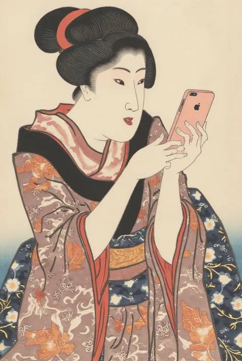 Ukiyo-e style, A maiko in a flashy kimono is looking at me with a pink iPhone, Geisha, Ukiyoe on Japanese paper , Mixed style of Sumi-e and Ukiyo-e , Contrast between details and blurring , Kimono, ArsMJStyle, Zen Ink Wash Sumi-e, tsukioka1 Japanese woodbl...