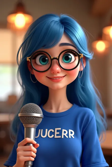 Create a Pixar , A young girl,  around 20 years old ,  blue hair , Long with fringe and modern.  She wears round and stylish glasses ,  with fine frame and gold details ,  that match her relaxed and intelligent look .  Your eyes are large and expressive , ...