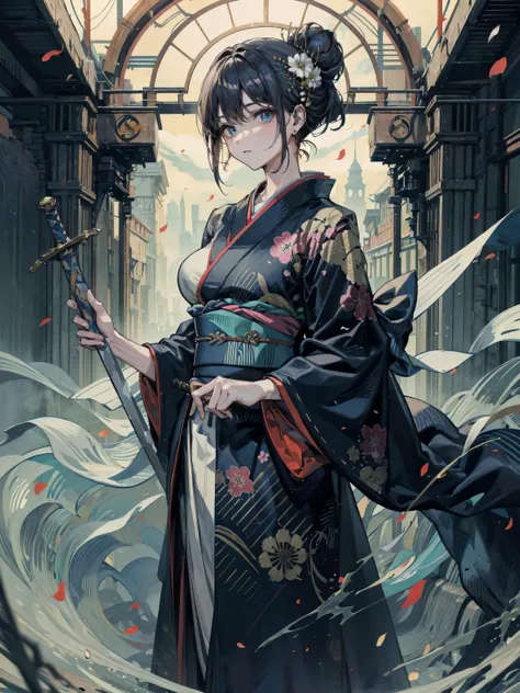 (cowboy shot:1.2), looking at viewer, earring, huge breasts, medium hair, half updo, hair ornament, black hair, (black kimono:1.2), (holding sword:1.2),