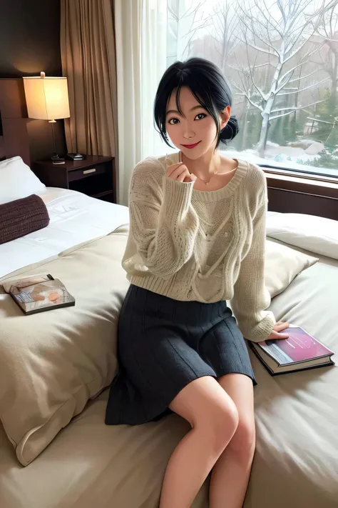 (High Definition), Lady, Japan Person, Cute, Black Hair Short, wearing Cable Knit, Cross Check Long Skirt Trad Style For Female,  Glance, Leaning some cushions,  At Hotel Bed Room, A Cup of Coffee & Some Books on a Table, Key Light, winter Woods window, Fa...