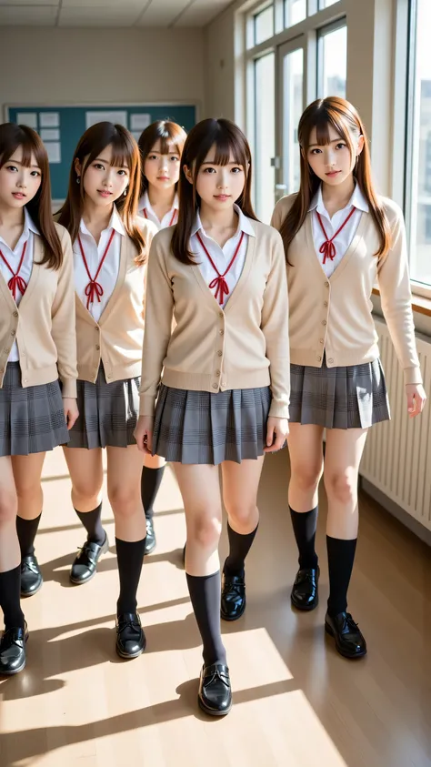(5 girls:1.2), masterpiece, best quality, very aesthetic, absurdres, ultra detailed, UHD, 8K, highly detailed, newest, 5 girls with soft chestnut or ash blonde hair styled in braids or shoulder-length bobs; they have clear grey or light blue eyes with subt...