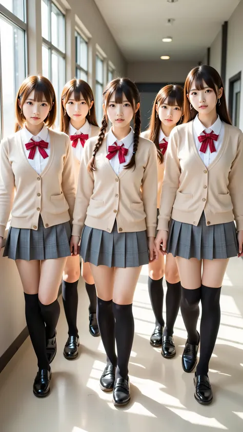 (5 girls:1.2), masterpiece, best quality, very aesthetic, absurdres, ultra detailed, UHD, 8K, highly detailed, newest, 5 girls with soft chestnut or ash blonde hair styled in braids or shoulder-length bobs; they have clear grey or light blue eyes with subt...