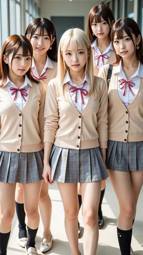 (5 girls:1.2), masterpiece, best quality, very aesthetic, absurdres, ultra detailed, UHD, 8K, highly detailed, newest, 5 girls with soft chestnut or ash blonde hair styled in braids or shoulder-length bobs; they have clear grey or light blue eyes with subt...
