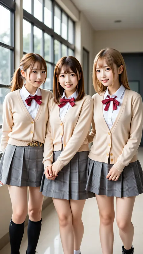 (5 girls:1.2), masterpiece, best quality, very aesthetic, absurdres, ultra detailed, UHD, 8K, highly detailed, newest, 5 girls with soft chestnut or ash blonde hair styled in braids or shoulder-length bobs; they have clear grey or light blue eyes with subt...