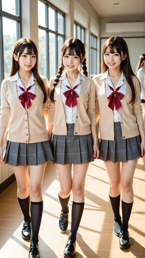 (5 girls:1.2), masterpiece, best quality, very aesthetic, absurdres, ultra detailed, UHD, 8K, highly detailed, newest, 5 girls with soft chestnut or ash blonde hair styled in braids or shoulder-length bobs; they have clear grey or light blue eyes with subt...