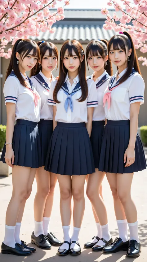 (5 girls:1.2), masterpiece, best quality, very aesthetic, absurdres, ultra detailed, UHD, 8K, highly detailed, newest, 5 girls with dark brown or jet black hair styled in tidy ponytails or straight long hair; they have soft aqua or light brown tareme eyes,...
