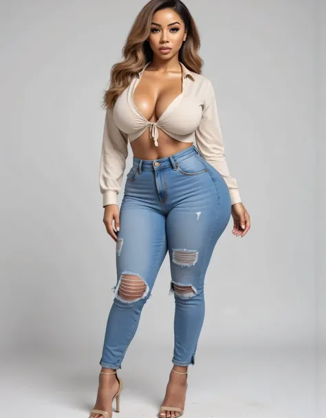 ((Full body)), front view,  , wavy  hair, bigboobs, (( ripped jeans, blouse, high heels, ((( curvy body, wide hips))) )), plain background
