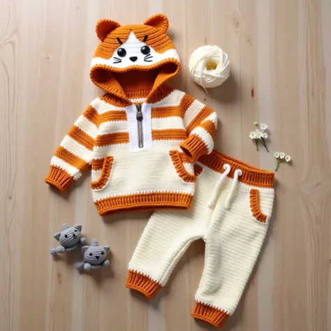 The image shows a set of 3d hd  crocheted outfits for babies .The set  consists of a beige and brown  hoodie with a hood and a pair of matching pants. The hoodie has a cute cat design on the front, with orange and white stripes and big, round eyes. The pan...