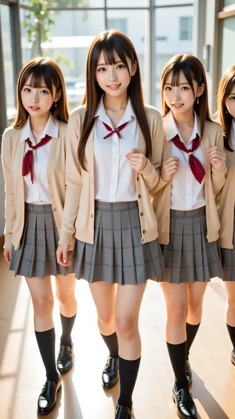 (5 girls:1.2), masterpiece, best quality, very aesthetic, absurdres, ultra detailed, UHD, 8K, highly detailed, newest, 5 girls with soft chestnut or ash blonde hair styled in braids or shoulder-length bobs; they have clear grey or light blue eyes with subt...