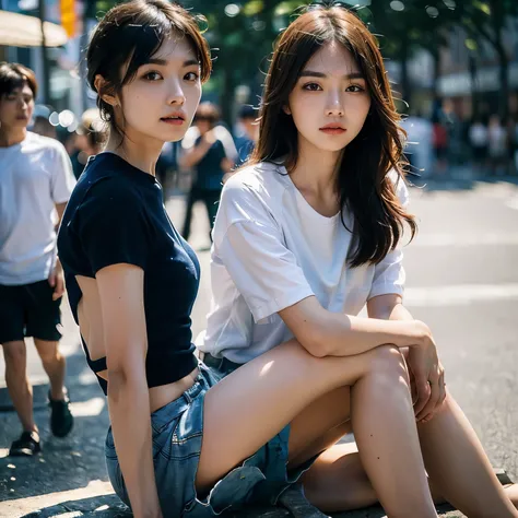 ((Best quality, 8k, Masterpiece :1.3)), 1girl, Pretty woman with slender abs, (Long hair, Ultra-detailed face, Detailed eyes, Double eyelid, short pants, extremely short short pants, korean girl, soft lighting, depth of field, leg pose, squinting, people c...