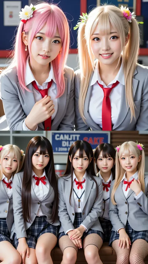 (5 girls:1.2), masterpiece, best quality, very aesthetic, absurdres, ultra detailed, UHD, 8K, highly detailed, newest, 5 girls with long pink messy hair and pink eyes wearing flower hair ornaments; they are dressed in grey blazers with red neckties, grey p...