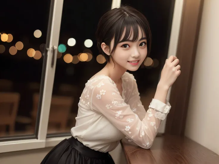 ( top quality,  Masterpiece,  ultra high resolution, 8k,  RAW Photo,  by Nomi,  anatomically accurate :1.5),  20 year old girl:1.2,  I'm embarrassed,  looks away, :1.0,  Show Viewer, ((bar)) 、 big window、 night view、 light:1.2, Bokeh, Cinema lighting:1.0, ...