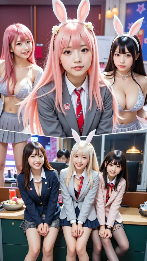 (5 girls:1.2), masterpiece, best quality, very aesthetic, absurdres, ultra detailed, UHD, 8K, highly detailed, newest, 5 girls with long pink messy hair and pink eyes wearing flower hair ornaments; they are dressed in grey blazers with red neckties, grey p...