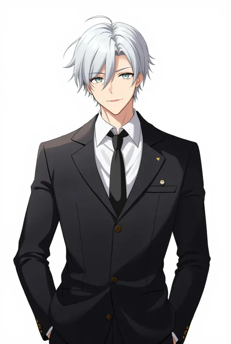  Superb　  masterpiece 　 High definition 　  masterpiece 　,  White-Haired Man ,　　 Grey Eyes Man  　   simple background ,  no background,   white background, male,  muscular body ,  handsome, Ikemen, , Anime hair ,  bangs,  black suit, 