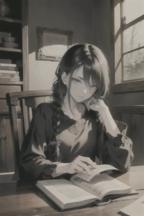 Masterpiece, 8K, 4K, highly detailed illustration, anime style, tall woman, androgynous face, long black hair reaching the waist tied into a single braid, (only one braid), sharp purple eyes, delicate eyelashes, gaze directed at the book, simple brown clot...