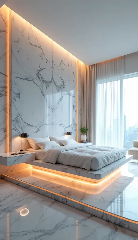 Floating Marble Bed Design: A futuristic bedroom where the bed appears to float above a recessed marble platform with soft LED under-glow. The walls are sleek marble with embedded digital art panels.