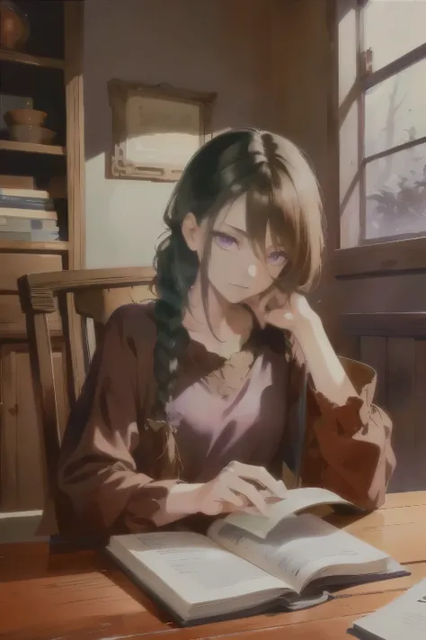 Masterpiece, 8K, 4K, highly detailed illustration, anime style, tall woman in her 30s, androgynous face, long black hair reaching the waist tied into a single braid, (only one braid), sharp purple eyes, delicate eyelashes, gaze directed at the book, simple...