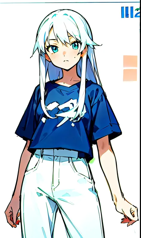 anime character with white hair and blue shirt and white pants, 2 d anime style, kantai collection style, anime style character, modern anime style, style anime, anime styled, anime inspired, 2 0 2 2 anime style, 2022 anime style, clean detailed anime styl...