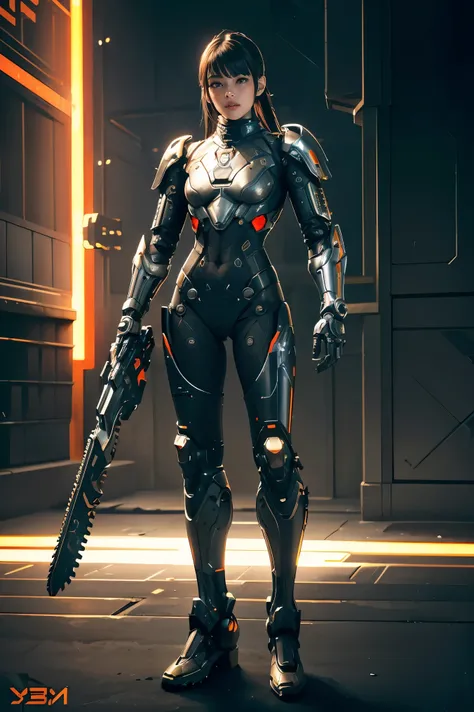 1girl, solo, wearing a mechanical suit, Mechanical wonder, Cyberpunk, Cybernetic Guardian, futuristic armor, full body, front pose, symmetry, intricate (steel metal [rust]), joints, warframe style, cyborg, male body and armor, Chainsaw Man 