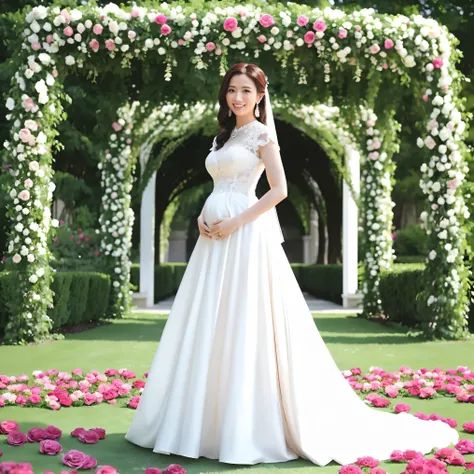 ( top quality、's greatest masterpiece、 Highest Quality、8k、 super high heels、Winner、 ultra high resolution )、(1 pregnant bride:1.1)、( Pure White Finest Wedding Dress with the Most Luxurious Finest Jewelry Embellishments:1.2)、( The Most Luxurious Superb Gian...