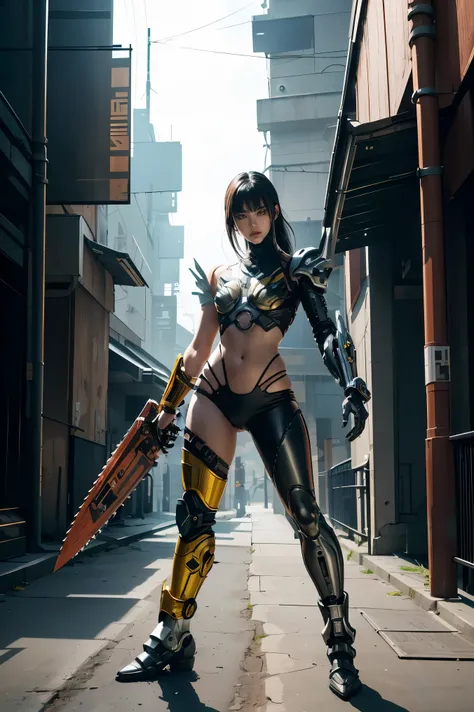 1girl, solo, wearing a mechanical suit, Mechanical wonder, Cyberpunk, Cybernetic Guardian, futuristic armor, full body, front pose, symmetry, intricate (steel metal [rust]), joints, warframe style, cyborg, male body and armor, Chainsaw Man 