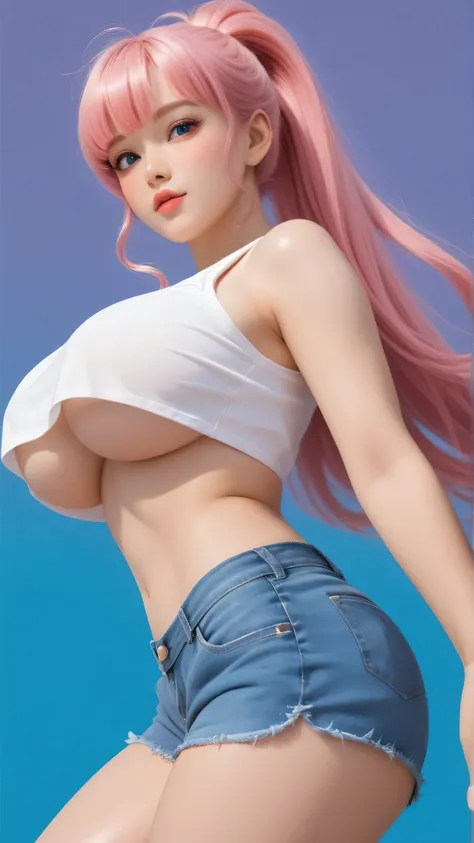 master piece:1.5、(minimal art, line drawing), 1girl,solo，Blue Background，huge breasts, crop top, short shorts, underboob, High Ponytail，Unbelievably long hair，cowboy shot , looking at viewer，Simple style，wide angle, Dynamic Angle，(bangs_pinned_back:1.5),(h...