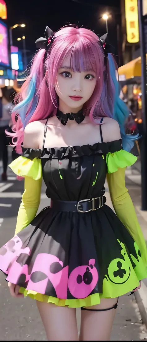  Pure Idol Girl （Colorful Hair）、A pure girl's face、 hypo、、 Fluorescent Green Off Shoulder Tight Dress、Venom Belts 、、Glowing Paint Gun 、