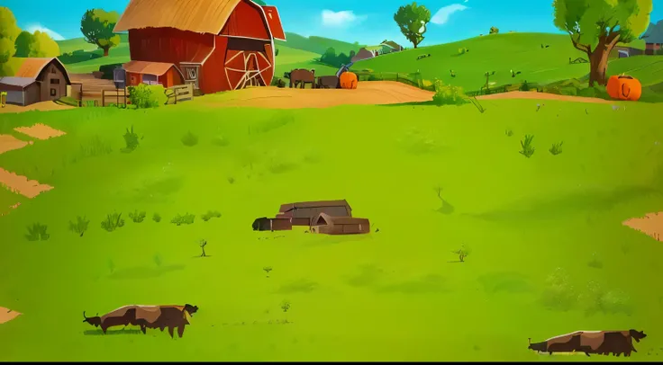 cartoon illustration of a farm with a barn and a few cows, farm background, background art, farm field background, mobile game background, background artwork, game background, field background, distant village background, game illustration, farm land, mobi...