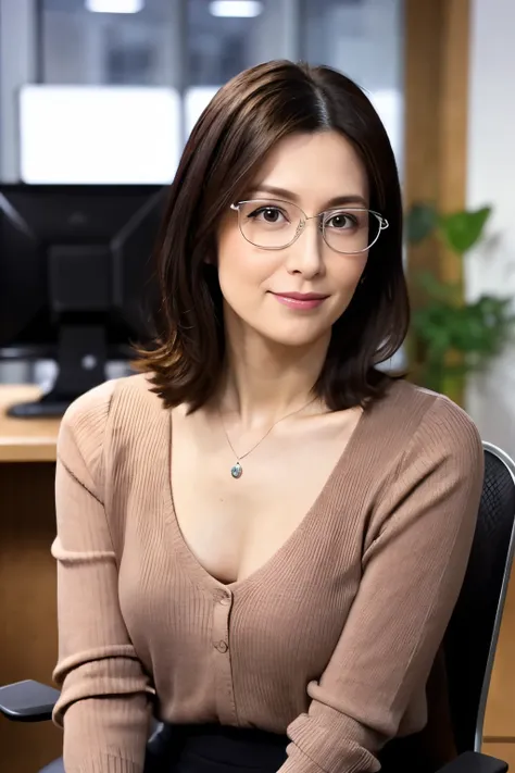 8k,  top quality,  Masterpiece,  by Nomi,  super detailed,  natural light, Shapely breasts, Chest, 1 person, 35-year-old woman,  black hair, ( straight hair), ( bob hair), ( symmetrical hair length ),  thin silver-rimmed glasses,  office, (( Watch Viewers ...